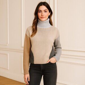Naadam Wool Cashmere Chunky Knit Sweater Colorblock Funnel Neck Oatmeal Combo
